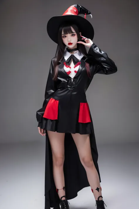 Female idol covered in grim reaper、full body Esbian、、Clown fashion full of grim reapers（Red and black）、Clown hat、