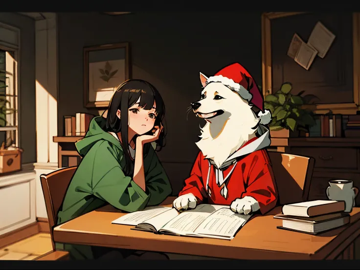 A 20-year-old black-haired woman petting a dog, Calm、Gentle light、black backgrounds、Coffee、head shot、Large houseplants、Lo-Fi Illustration、room with a low table、There are piles of books on the desk、a relaxing sight、Woman in hoodie、Red Santa Hat、looks sleepy...