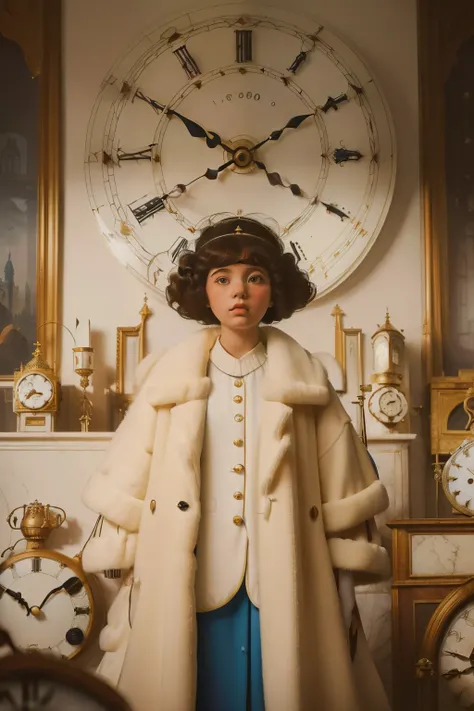 mysterious white magical city. ((wide view)) inside a Palace room full of ((((many hundreds of clocks)))). Pre-raphaelite ((((9-year-old)) Momo)), homeless girl, messy short curly hair, oversized coat, ((((big and unkempt Clothing from the 1960s)))), ((cur...