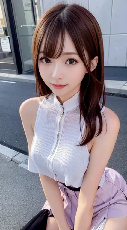 top-quality、超A high resolution、(Photorealsitic:1.4)、(ulzzang-6500:0.4)、Beautie、Korean Idols、21years old、length hair、light brown hair、Clean and wavy hairstyle、small tits、Very small breasts、Realistic eyes, slender narrow eyes、Beautiful eyes、A smile、croptop、T...