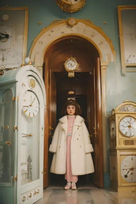 mysterious white magical city. ((wide view)) inside a Palace room full of ((((many hundreds of clocks)))). Pre-raphaelite ((((9-year-old)) Momo)), homeless girl, messy short curly hair, oversized coat, ((((big and unkempt Clothing from the 1960s)))), ((cur...