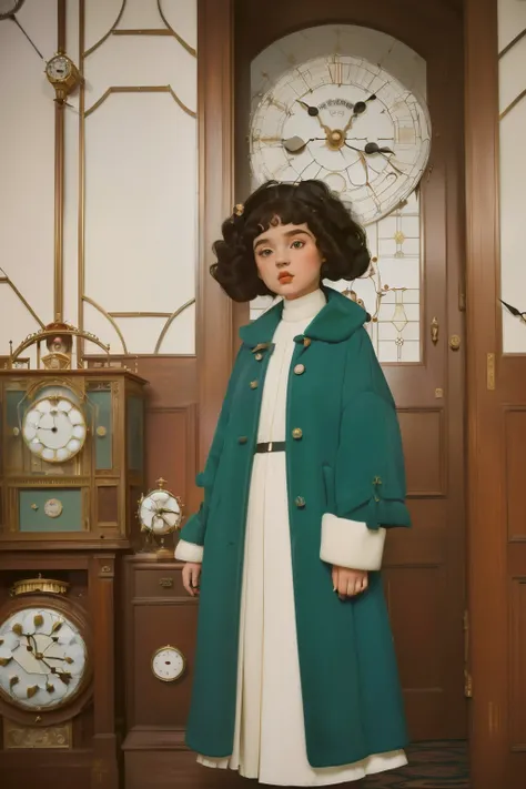 mysterious white magical city. ((wide view)) inside a Palace room full of ((((many hundreds of clocks)))). Pre-raphaelite ((((9-year-old)) Momo)), homeless girl, messy short curly hair, oversized coat, ((((big and unkempt Clothing from the 1960s)))), ((cur...