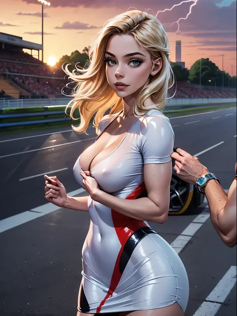 (​masterpiece), (top-quality), Sunset, natural soft light, ,(Realistic:1.5), Sydney Sweeney as a stunningly beautiful race queen, Latex Mini Dress, Curvaceous, Short_Skirt, long_Blonde hair, sun burn, Wearing skin-tight tops, cleavage, Sexy, Sensual milf, ...