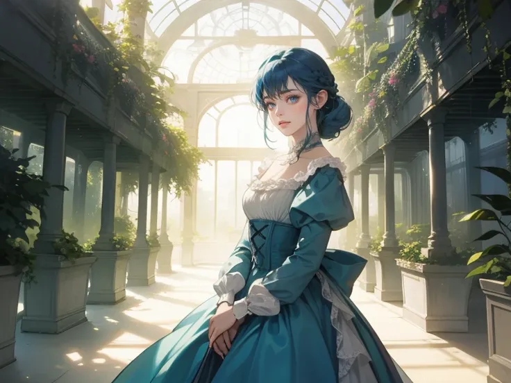 masterpieceVery beautiful young woman standing in big greenhouse, dreamlike effects in backlight. Her blue hair is soft and backlit, braided hairstyle, wearing a pale blue regency era dress, regency era