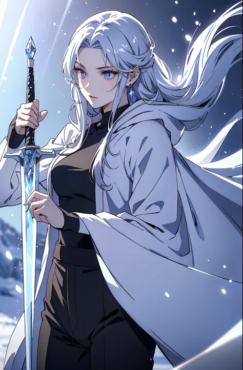 (best quality, high resolution), ultra-detailed, woman, young, 19 years old, swordsman, long white hair, snow-white skin, cold eyes, crystal blue eyes, black sweater, black pants, white cape with hood. Crystal loga sword, shiny, (ultra-detailed sword, high...