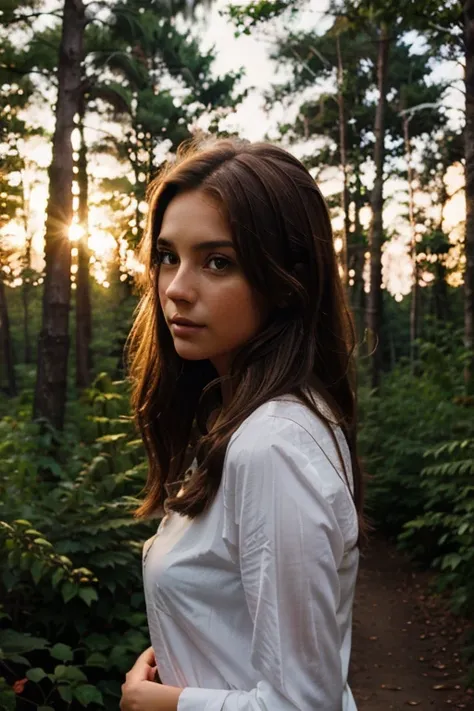 Beautiful mystical woman with brown hair, in a beautiful forest enjoying the sunset