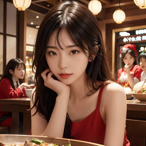 Masterpiece, Raw photo, peoples sitting in the Hot Pot restaurant, eating post, wearing Christmas outfit, details, high quality, hyper realistic, lighting, Christmas Party, lightings8K,8K, super realistic skin, best quality