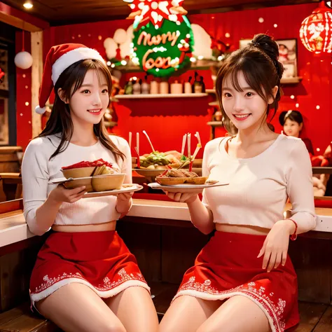 Masterpiece, Raw photo, peoples sitting in the Hot Pot restaurant, eating post, wearing Christmas outfit, details, high quality, hyper realistic, lighting, Christmas Party, lightings8K,8K, super realistic skin, best quality, wearing red and white crop top ...