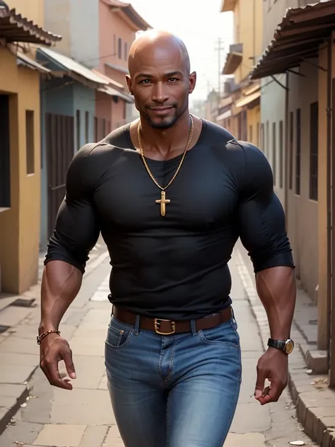 50 year old man, like Taye Diggs, bald, shaven head, tall, muscular, plain white collared shirt, black jeans, chunky gold necklaces, smiling, standing in dusty street of South African township, carrying wide black holdall