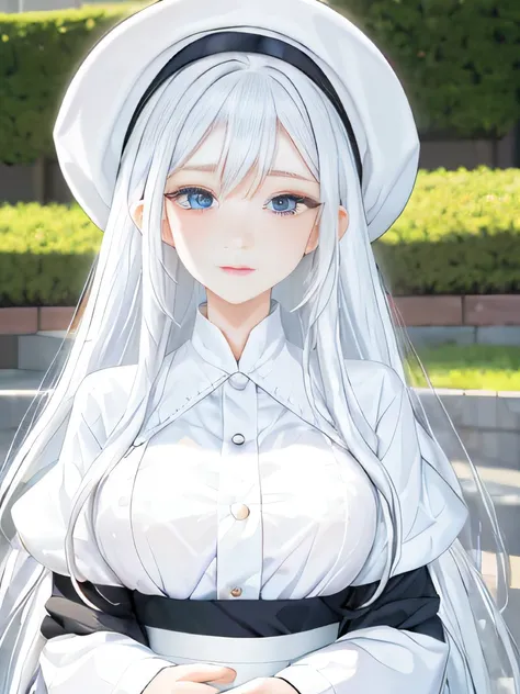 Close-up portrait of woman wearing white hat and white skirt, bagel hairstyle, Has white hair, anime rapunzel girl, Guviz style artwork, style anime, beautiful anime style, guweiz, Urzans, Has white hair, Long white hair and bangs, Sam rice cereal, inspire...