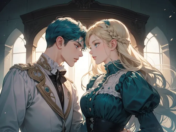 masterpiece, couple, 1 male, 1 female, different hair color (1 Very beautiful young woman, dreamlike effects in backlight. Her blue hair is soft and backlit, braided hairstyle, wearing a teal and white victorian dress) victorian era, (1 male with short blo...