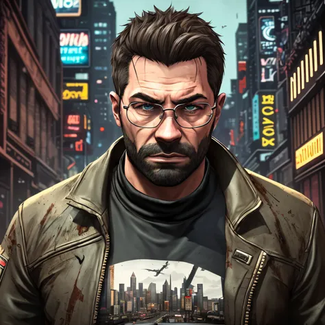 close-up pivaarts male with glasses and beard, gta iv style, high-res, ultra-detailed, realistic, urban cityscape, vibrant color...