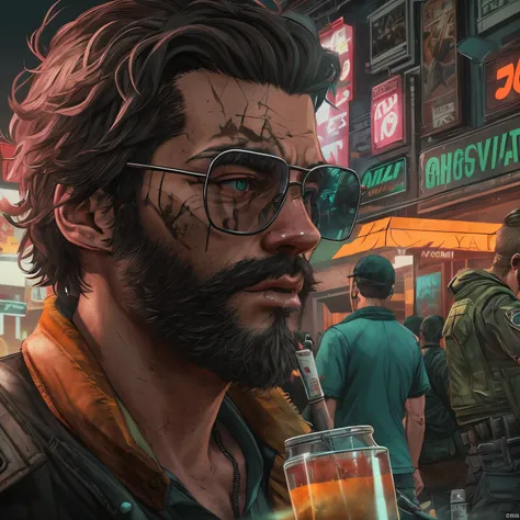 Close-up PivaArts male with glasses and beard, drinking juice, GTA IV style, high-res, ultra-detailed, realistic, urban cityscape, vibrant colors, street art, graffiti, dynamic lighting, cinematic composition, retro vibes, character customization, darkened...