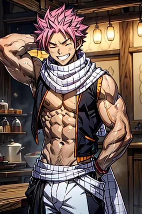 1boy, 20 year old, Natsu Dragneel smiling widely wearing a black sleeveless jacket bare chested wearing white scarf. In black trousers with a bulge, flexing his arms looking at the viewer. Big muscular proportionate arms and strong chest and abs. Pink hair...