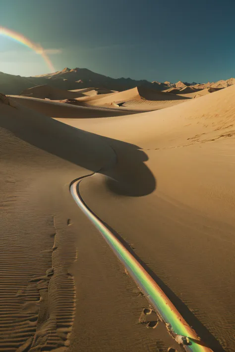 A desert，rainbowing，sable，vegetation，green color，living，Best quality，hyper HD，realistically