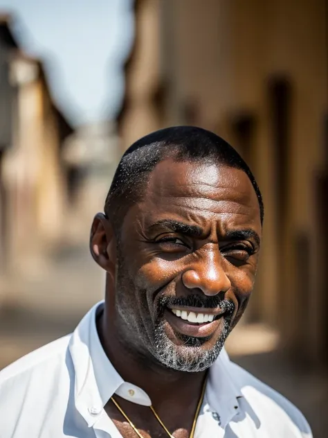 50 year old man, like Idris Elba, bald, shaven head, tall, muscular, plain white collared shirt, black jeans, chunky gold necklaces, smiling, standing in dusty street of South African township, best quality, ultra-detailed, solo, smoke, shadows, contrast, ...