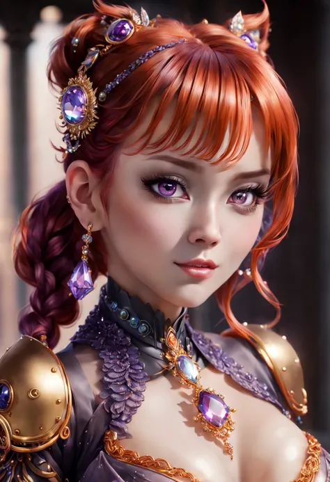 A Gruffon Humanoid shapeshifting queen wearing luxury attire and jewlery from anothr realm, red hair, crossed bangs, braided ponytail, messy hair, short ponytail, crystal hair, pompadour, hair scarf, multicolored eyes, sparkling eyes, pupils sparkling, ora...