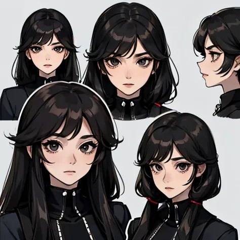 black eyes girl from different angles, character sheet