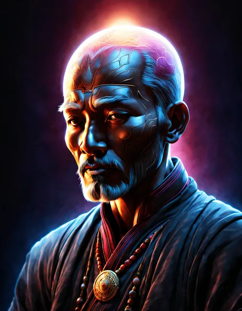 Black light art ，with black background，Tibetan man，jim starling style, character concept design, A half body，