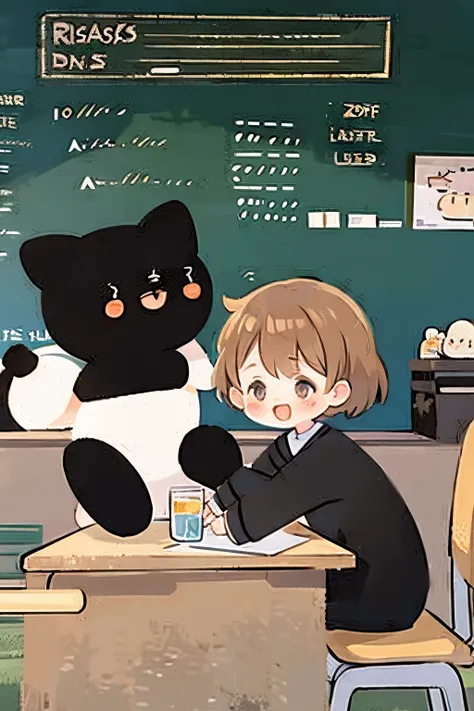 One cute cat, Classroom, tables and chairs, blackboards, trash cans.