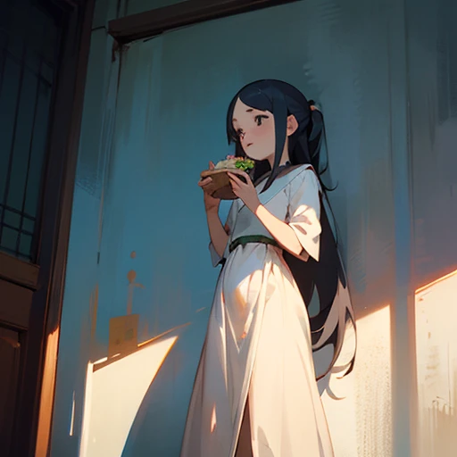 a girl wearing a long dress eating, studio ghibli