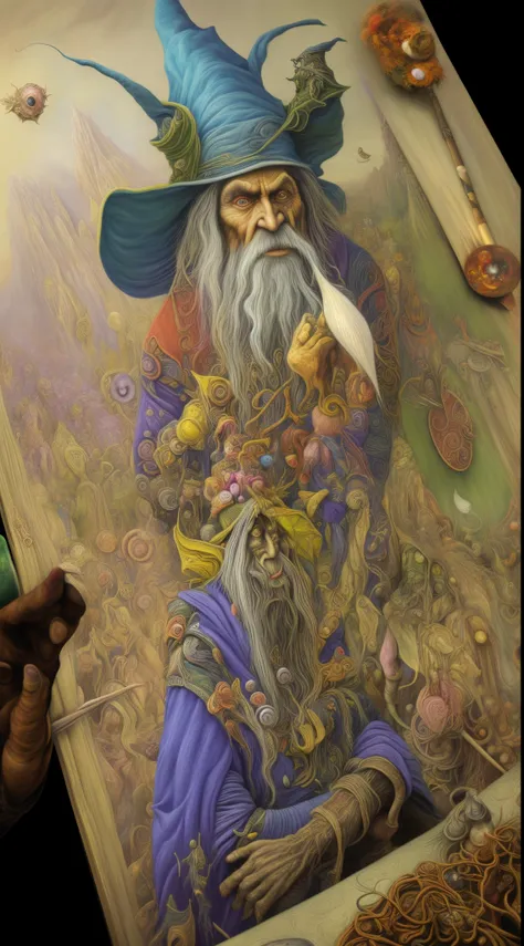 painting of a wizard with a hat and a wand on a table, inspired by Richard Dadd, added detail, evil realm magic painting vibes, highly detailed visionary art, chalk drawing, lots of details, visionary painting, wizard themed, visionary art, colored drawing...