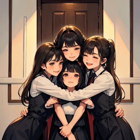 3 girls hugging each other, in front of a door, light coming from their behind, dark inside room, all happy, smiling eyes closed, wearing winter dress