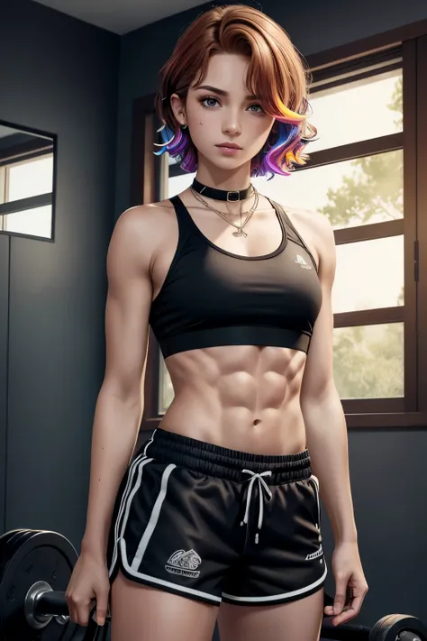 several girl, ((medium chest, tomboy, small head)), (cut abs: 1.1), (perfect body: 1.1), (short wavy hair: 1.2), auburn hair, collar, chain, full body, workout , sweat, several femboy, several futa ((shorts)), (extremely detailed CG 8k wallpaper), (extreme...