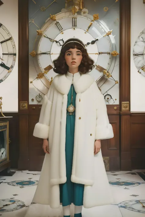 mysterious white magical city. marble and glass, ((wide view)) inside a Palace room full of ((((many hundreds of clocks)))). Pre-raphaelite ((((9-year-old)) Momo)), homeless girl, messy short curly hair, oversized coat, ((((big and unkempt Clothing from th...