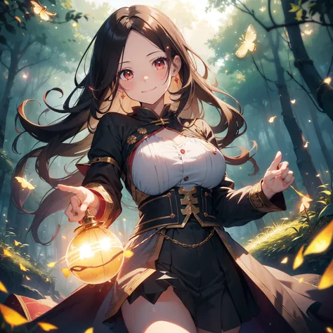 (masutepiece,Best Quality,8K),(extremely detailed CG1.1),teens girl,Smile,large boob,(From below:1.2),Intricate details , Hyper realistic, Perfect Anatomy,A dark-haired,Red Eyes,(((Forehead))),Permed hair with wavy hair,(((length hair))),Hair over one eye,...