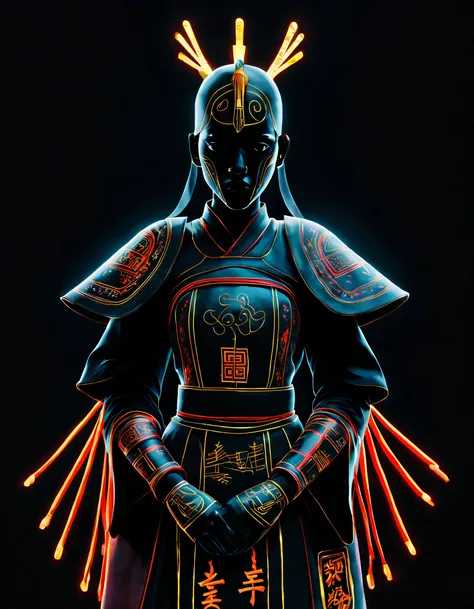 black light art ，with black background，（chinese hanfu female knight），jean-michel basquiat (jean-michel basquiat) stylized, chara...