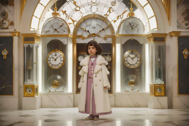 mysterious white magical city. marble and glass, ((wide view)) inside a Palace room full of ((((many hundreds of clocks)))). Pre-raphaelite ((((9-year-old)) Momo)), homeless girl, messy short curly hair, oversized coat, ((((big and unkempt Clothing from th...