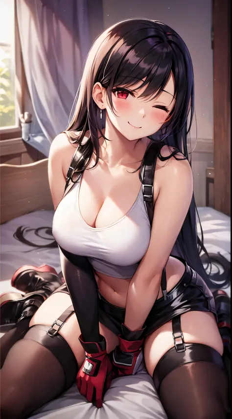 tifa ff7, 1girl, solo, looking at viewer, blush, sitting, on bed, wariza, seductive smile, tank top, black skirt, suspender skirt, midriff, black thighhighs, red gloves, bra, zettai ryouiki, bent over, head tilt, one eye closed