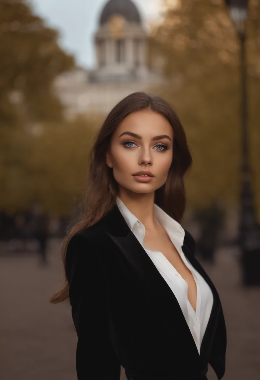 Latino and Swedish Woman, sexy girl with blue eyes, ultra realist, Meticulously detailed, Portrait Sophie Mudd, brown hair and big eyes, selfie of a young woman, London background, black suite, with makeup, natural makeup, looking straight at camera , Face...