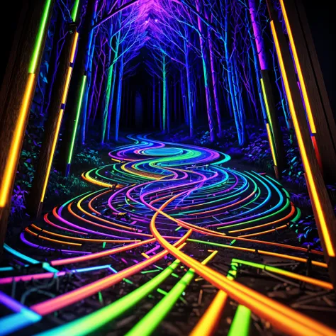 Black light draws a path to the center of the frame, Hejig, In the dark，vibrant with colors, a 3D render, Computer, circuit, motherboard, electric cables, at a forest，（Black light art：1.5）