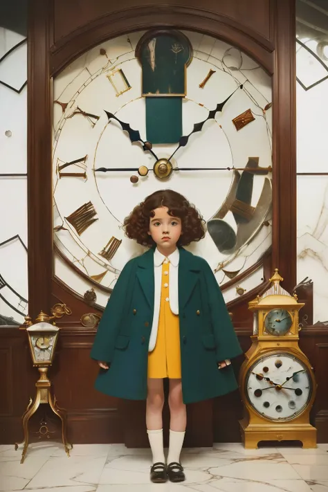 mysterious white magical city. marble and glass, ((wide view)) inside a Palace room full of ((((many hundreds of clocks)))). Pre-raphaelite ((((9-year-old)) Momo)), homeless girl, messy short curly hair, oversized coat, ((((big and unkempt Clothing from th...