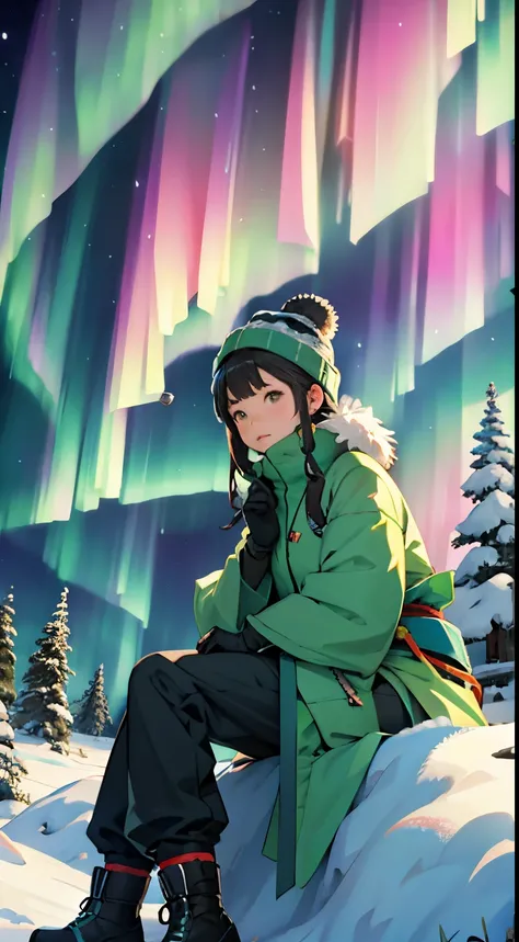 nigh sky, stele(Skysky), landscapes,Aurora, 1girl in, 独奏, Fluffy fur worn by Eskimos、warm pants、Warm gloves、fur hat、Looking away:1.5、(((watching the aurora:1.2)))、Looking away,plein air, built, 云,Aurora, sitting on, The tree, length hair, silhuette, snow m...