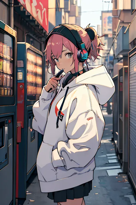 Shibuya, Back alley, Vending machine in the background, Wear a hoodie on your head, from the above, (8K, RAW photogr, Best quality at best, tmasterpiece:1.2), 20-year-old girl with headphones hanging around her neck