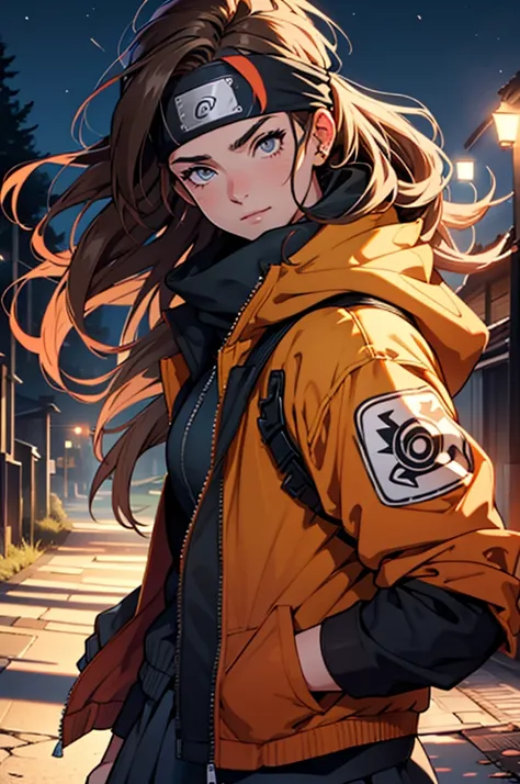 A European looking girl with messy straight brown hair, Handsomer, High quality picture, With Naruto headband With air symbol, wearing dark jacket, 4K, In nature, at night, outside, both eyes clear, wearing gloves