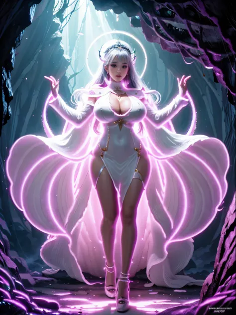 The goddess who descended into the cave, the whole body is shining, detailed white luxury dress, full body shot, Blacklight, giga_busty