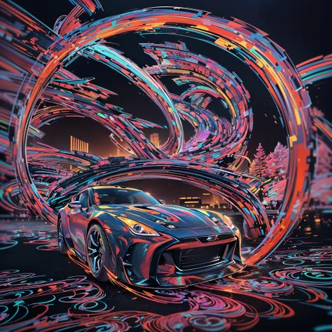 (Best Quality), (Black Light Art), (psychedelic trance), (((nissan fairladyｚ))), (drawing with colorful light) High quality, black landscape, Flowing light, Professional Lighting, Photon mapping, Physically Based Rendering,