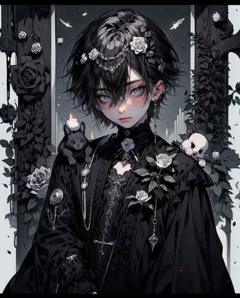 8k, man holding a rabbit, cute rabbit ,((cute rabbit face))((white and black rose)), many roses scattered around her, white-glistennig hair, black gothic style dress, moon, embroidery, enchanting forest, fireflies, , white-dress, day, beautiful aesthetic d...