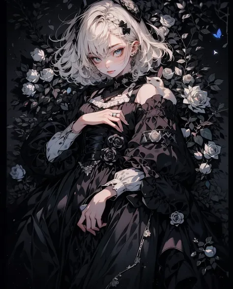 8k, man holding a rabbit, ((white and black rose)), many roses scattered around her, white-glistennig hair, black gothic style dress, moon, embroidery, enchanting forest, fireflies, , white-dress, day, beautiful aesthetic dress, sweet looking, midjourney, ...