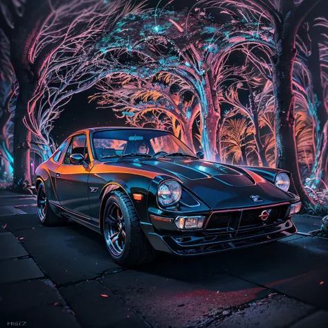 (best quality), (((black light art))),(((nissan fairladyｚ))), (drawing with colorful light) high quality, black landscape, flowi...