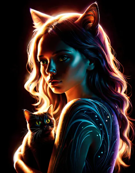 black light art ，with black background，（woman and cat）, natalie shaw