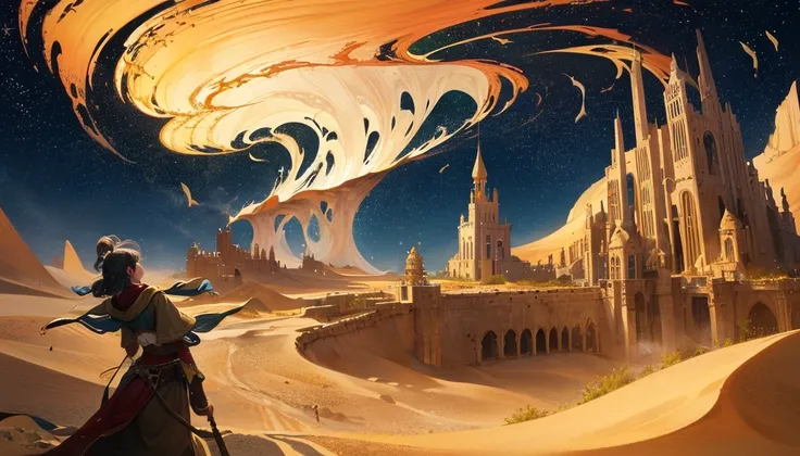 desert fantasy，The Mystery of Loulan。The cover is desert themed，Sand dunes rise and fall like waves，twinkling stars in night sky。The ancient buildings of Loulan are looming in the sea of sand，filled with mysterious atmosphere