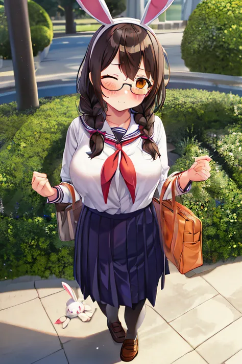 full body girl, cabello trenzado, brown hair, ojos naranjas, pechos grandes, gafas, diadema de conejito morado, uniforme escolar...