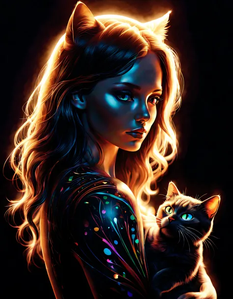 black light art ，with black background，（woman and cat）, natalie shaw