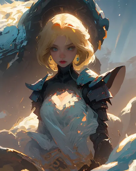 (3heads:1.5) dragon girl, golden hair, black dress, genshin impact influence lighting ability serious, armor, breasts snowy mountains in background