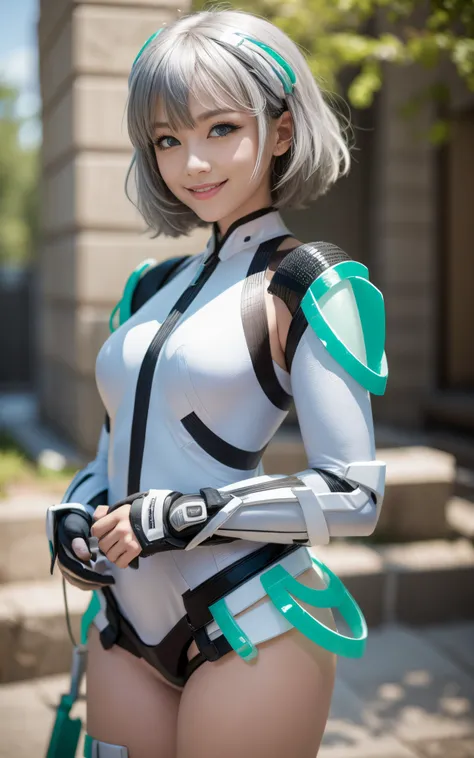 lightsmile, deva battle suit, Outdoors, Silver hair, bobhair, Blue eyes, waist shot